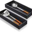 Bamboo Utensil Drawer Organizer, Stackable Silverware Organizer Tray Flatware Cutlery Storage Box for Kitchen Drawer - 17"x6"x2.5" (Set of 2)
