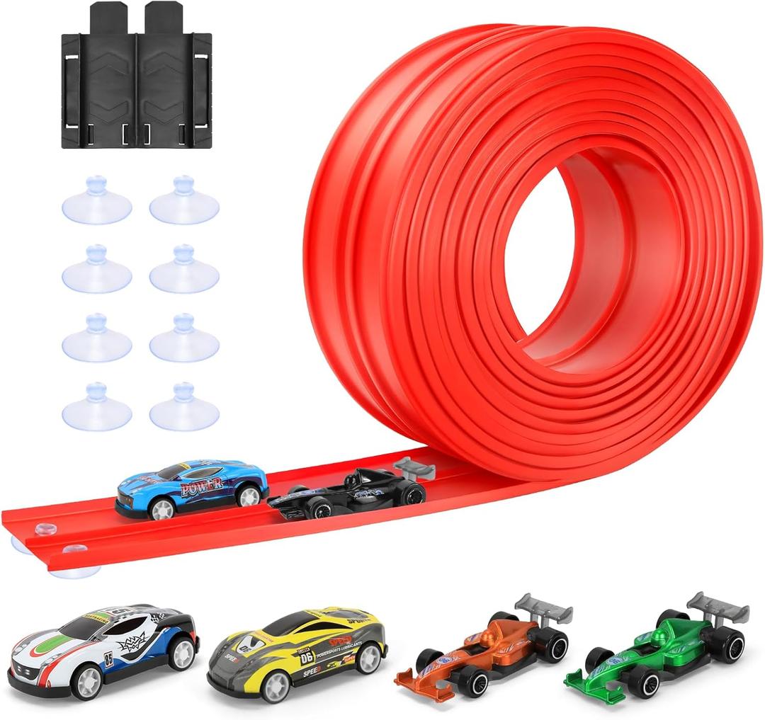 KETIEE Flex Tracks 16Ft for Kids: Flexible Race Car Ramp Track with 4 Small Racecars and 8 Suction Cups Compatible with Diecast 1/64th Cars, Rolls Up Portable Racetrack for Ages 3 & Up (Red)