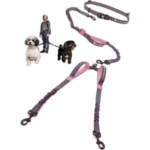 Pet Dreamland Exquisite Hands Free Dual Dog Leash for Medium Dogs. Trending Waist Leash for Walking 2 Dogs No Tangle. You Will Absolutely Love This Amazing Double Dog Gear (Dark Grey & Pink) Two Medium Dogs (20-35 lbs each)