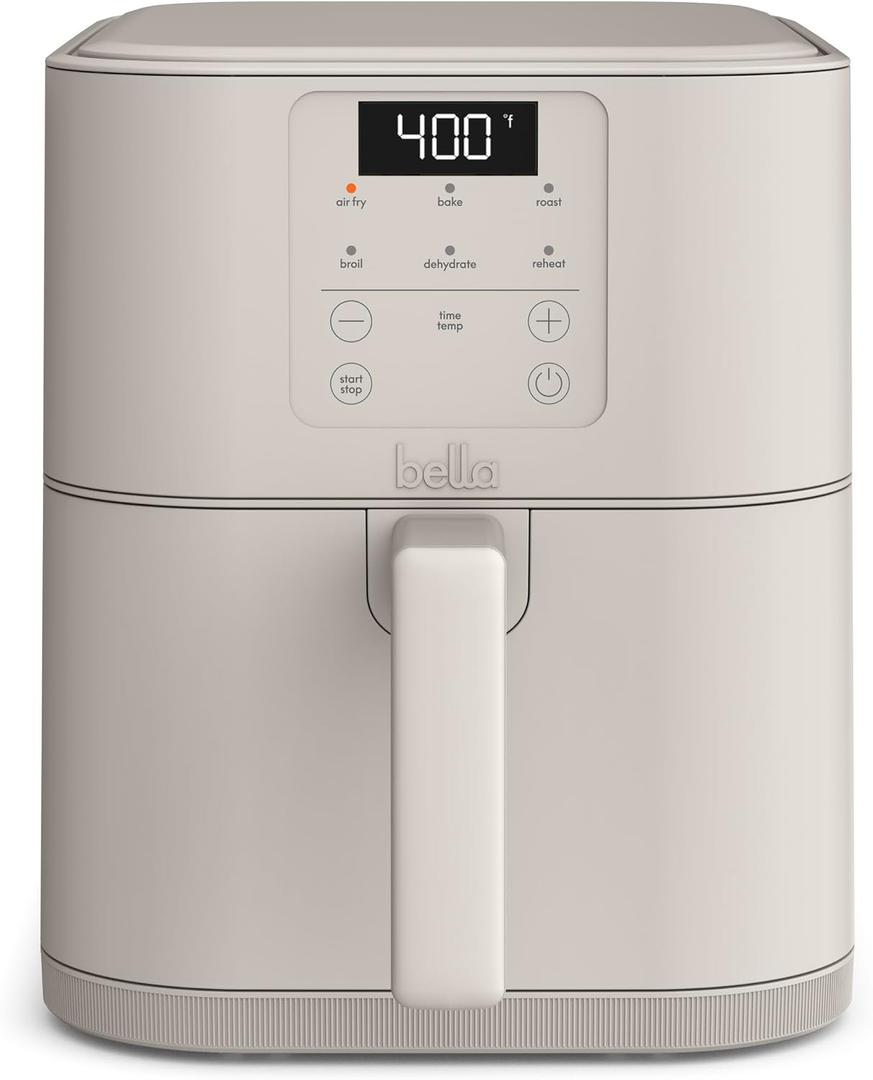 bella 6 Qt Slim Air Fryer, Fits-anywhere Kitchenware, EverGood Ceramic Nonstick Coating, Adjustable Temperature, 6 Preset Cooking Options, 60 Min Auto Shutoff w Audible Tone, 5lb Capacity, Oatmilk