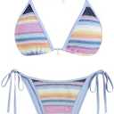 ZAFUL Women's Colorblock Stripes Triangle Halter Tied Cheeky Thong Bikini Set High Cut Two Piece Bathing Suit Size M