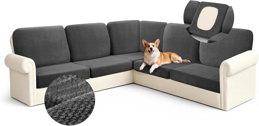 Arfntevss Sectional Couch Covers L Shape 5 Seat Couch Cushion Covers Fitted Stretch Corner Sectional Sofa Cover for Dog 11-Piece Soft U Shaped Furniture Protector (5 Seat 6 Back Cushion, Dark Gray)