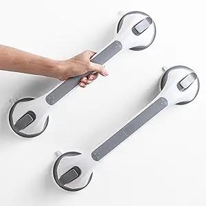 LEVERLOC 2 Pack Grab Bars for Bathtubs and Showers, Easy to Install Suction Shower Handles for Bathroom Removable Handrails for Seniors Elderly Safety Grip Waterproof Drill Free Black