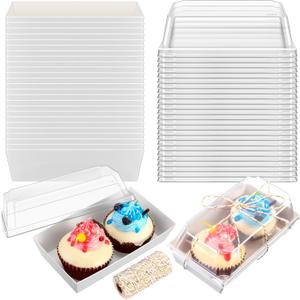Ctosree 150 Pcs Paper Charcuterie Boxes with Clear Lids and Cotton Rope 5.5 Inches Disposable Food Containers Bakery Boxes for Dessert, Sandwich, Cupcake, Cookie, Chocolate, Strawberry (White), 5.5 X 2.8 X 2.36 Inches
