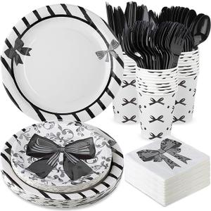 Yungyan 194 Pcs Black Bow Party Supplies Includes Black Bow Plates Napkins Forks Cups Black and White Party Decorations Black Bow Disposable Tableware Set for Bachelorette Bridal Engagement, Serve 24