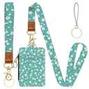 Green Flowers 2-in-1 ID Badge Holder & Lanyard Wallet for Teachers, Nurses,Professionals-Cute Zippered Coin Pouch, Removable Wristlet & Neck Lanyard,5 Card Slots Stylish Work Essential 2