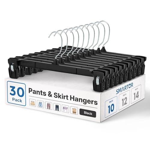Smartor Pants Hangers - 30 Pack, Plastic Pant Hanger with Non-Slip Big Clips, Bottom Hangers for Men with Rotatable Chrome Hook, Shorts Hanger for Women Strong Clamp Pant Organizer (10 Inch, Black)