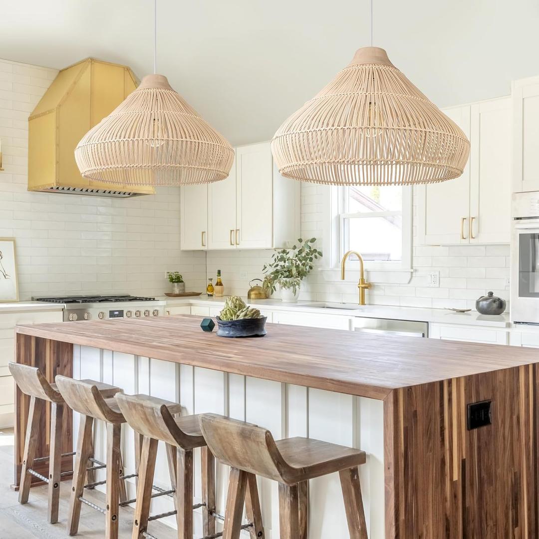 Arturesthome 1 Light Rattan Pendant Light, Coastal Rustic Wood Ceiling Lighting Fixture, Vintage Farmhouse Lampshade Chandelier Hanging Lamp Shade for Kitchen Island Dining Room (50cm)