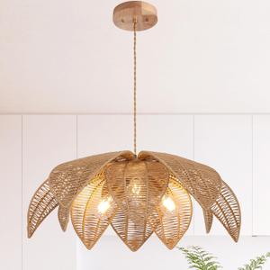 Farmhouse Chandeliers for Dining Room, 3-Light Rattan Boho Chandelier Light Fixture Hand Woven Wicker Pendant Light 24", Coastal Hanging Pendant Light for Kitchen Island Bedroom Living Room, 24in