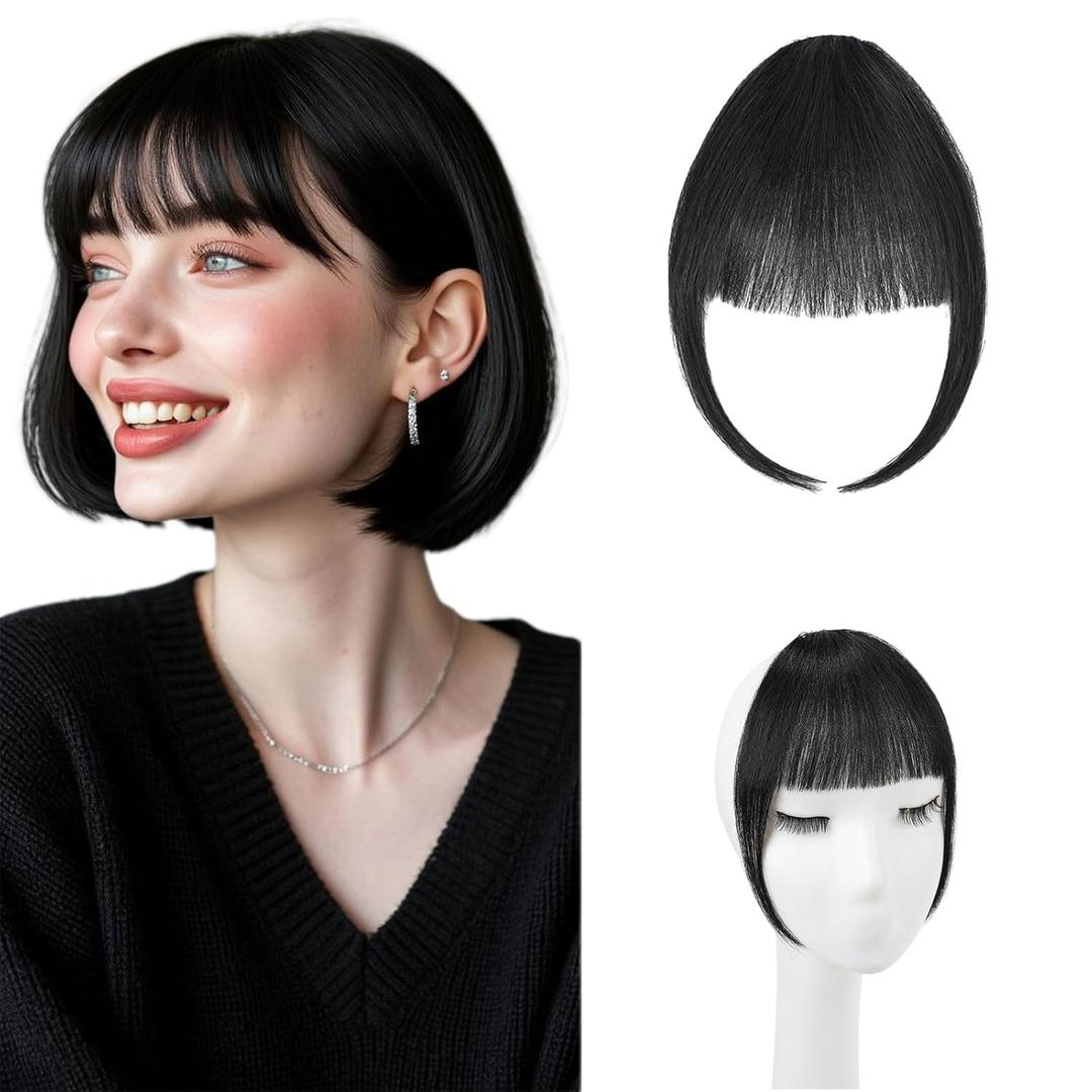Clip on Bangs Real Human Hair, Black Soft Layered Fake Bangs with Feathered Fringe Hairpieces for Women Curved Bangs for Daily Wear(Wispy Black)