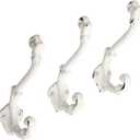 The Metal Magician Wall Mounted Antique Cast Iron Vintage Style Wall Hooks for Coats, Bags, Towels, Hats - (Set of 3) Distressed White