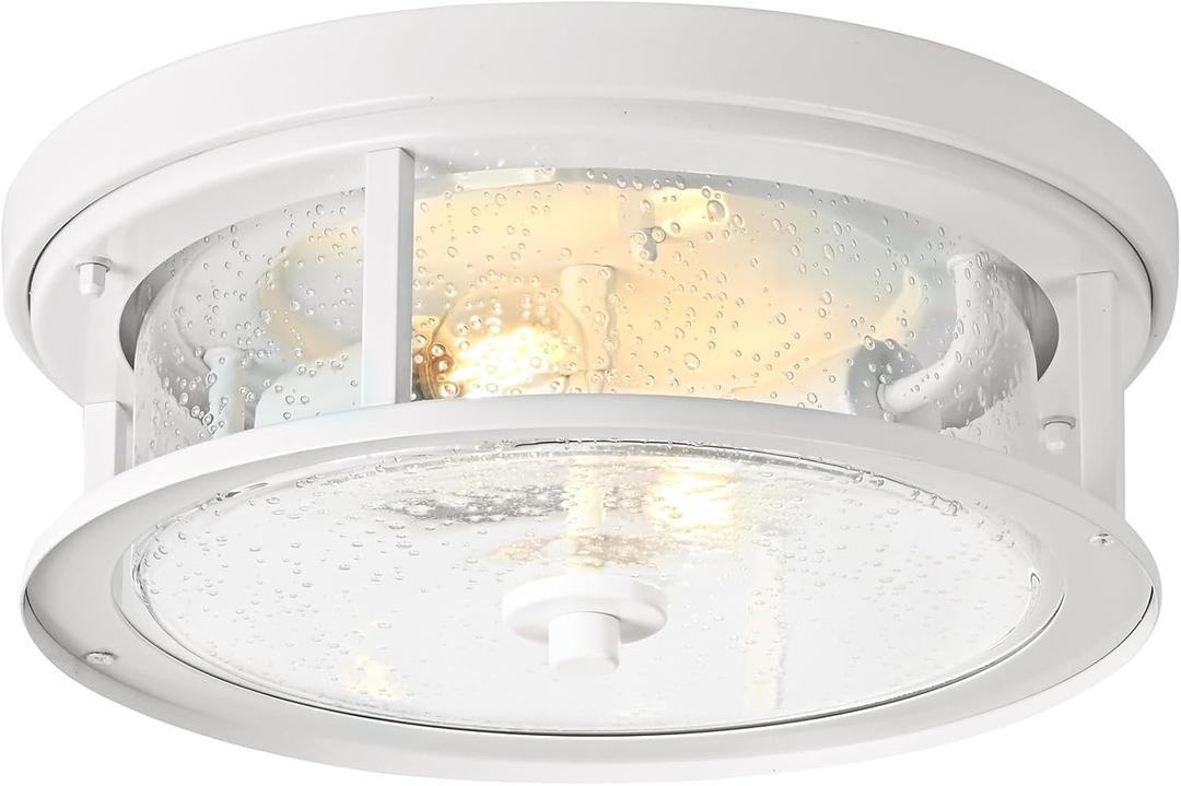 White Flush Mount Ceiling Light Fixture, 2-Light with Seeded Glass White Ceiling Light Fixture for Bedroom, Indoor Outdoor Ceiling Lights for Porch Hallway Kitchen