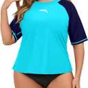 Halcurt Women's Plus Size Rash Guard Short Sleeve Swim Shirts Loose Fit UPF50+ Sun Protection Swimsuit Top Only (3X, Light Blue)
