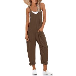 Muchpow Women's V Neck Sleeveless Jumpsuits Spaghetti Straps Harem Long Pants Overalls With Pockets (Large, Brown)
