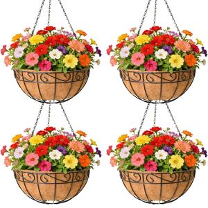 GYATSOCYG 4 Pack 14 Inch Metal Hanging Planter Basket，Natural Round Coconut Hanging Plant Flower Pot，Coconut Coir Planter for Hanging Basket Flowers/Vegetables Home Garden Patio Decoration Earth