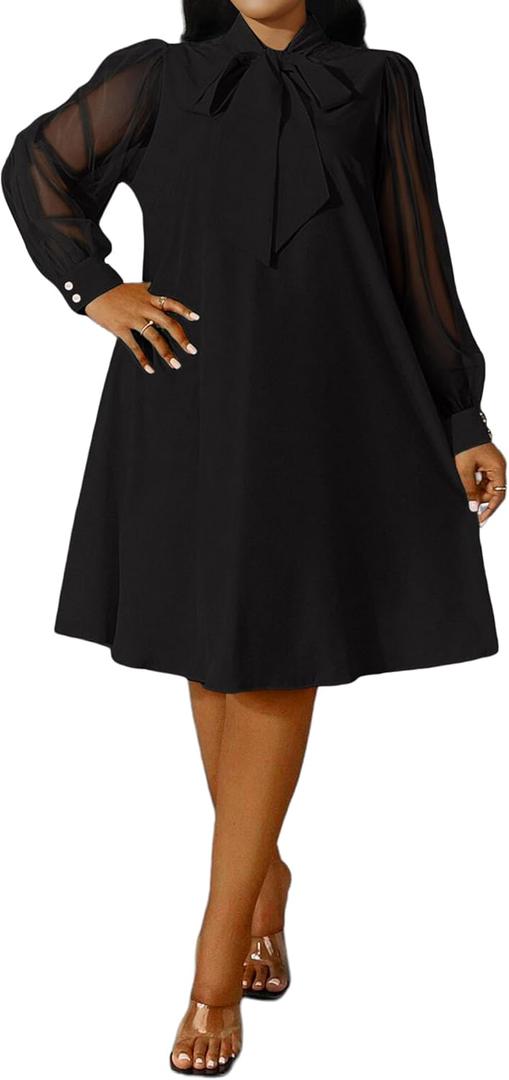 Ekaliy Women's Puff Sleeves A-Line Dress V Neck Bow Loose Flowy Cocktail Party Dress with Pockets, Large