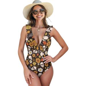 Womens One Piece Swimsuits Tummy Control Ruffle Tie Back Bathing Suit High Waisted Tie Back Swimwear Size XS-2XL (Medium, Gothic Skull)