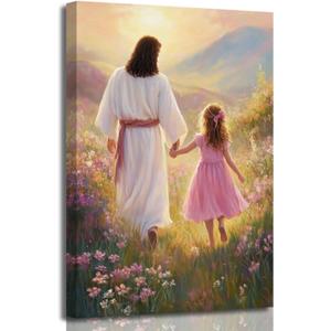 ZSHARTSWD Christian Wall Art Jesus Walking with Little Girl Pictures God Flower Field Canvas Print Religious Faith Painting for Church Kids Room Decor Framed (Beige, 24L x 16W)