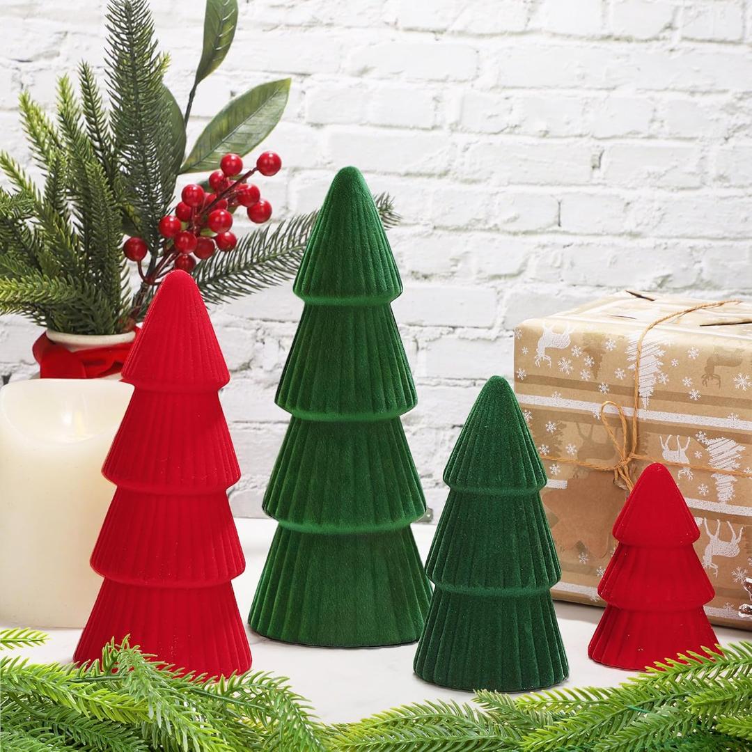 Aneco 4 Pack Velvet Ceramic Christmas Tree Christmas Indoor Decorations Modern Cone Xmas Tabletop Decor for Home Entryway Table Mantel Centerpiece Winter Holiday Party Supplies, Green, Red