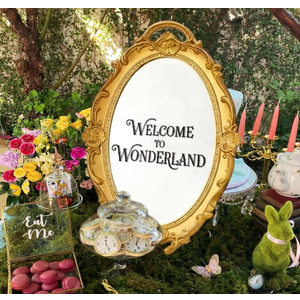 Threehoney Wonderland Tea Party Decoration Vintage Oval Mirror 15.4 x 9.4 Inch Golden Mirror for Tea Party Decoration Birthday Baby Shower Women Wedding Dinner Supplies(Welcome to Wonderland)