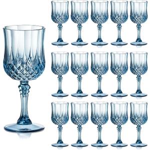 XUWAIDSGN 16 Pcs 7oz Plastic Vintage Wine Glasses Drinking Glasses Unbreakable Wedding Glassware Crystal Water Goblets Reusable Drinkware Vintage Champagne Flutes (16, Blue)