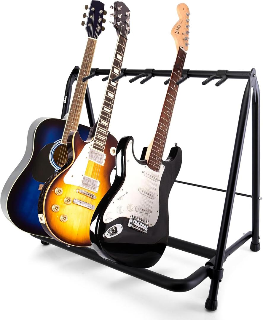 Pyle 5-Slot Multi Guitar Stand - Foldable Floor Guitar Rack for Acoustic, Electric, Bass Guitars, Heavy-Duty Metal Frame with Foam Padding, Secure Instrument Storage for Stage & Studio, 29"x19"x25"