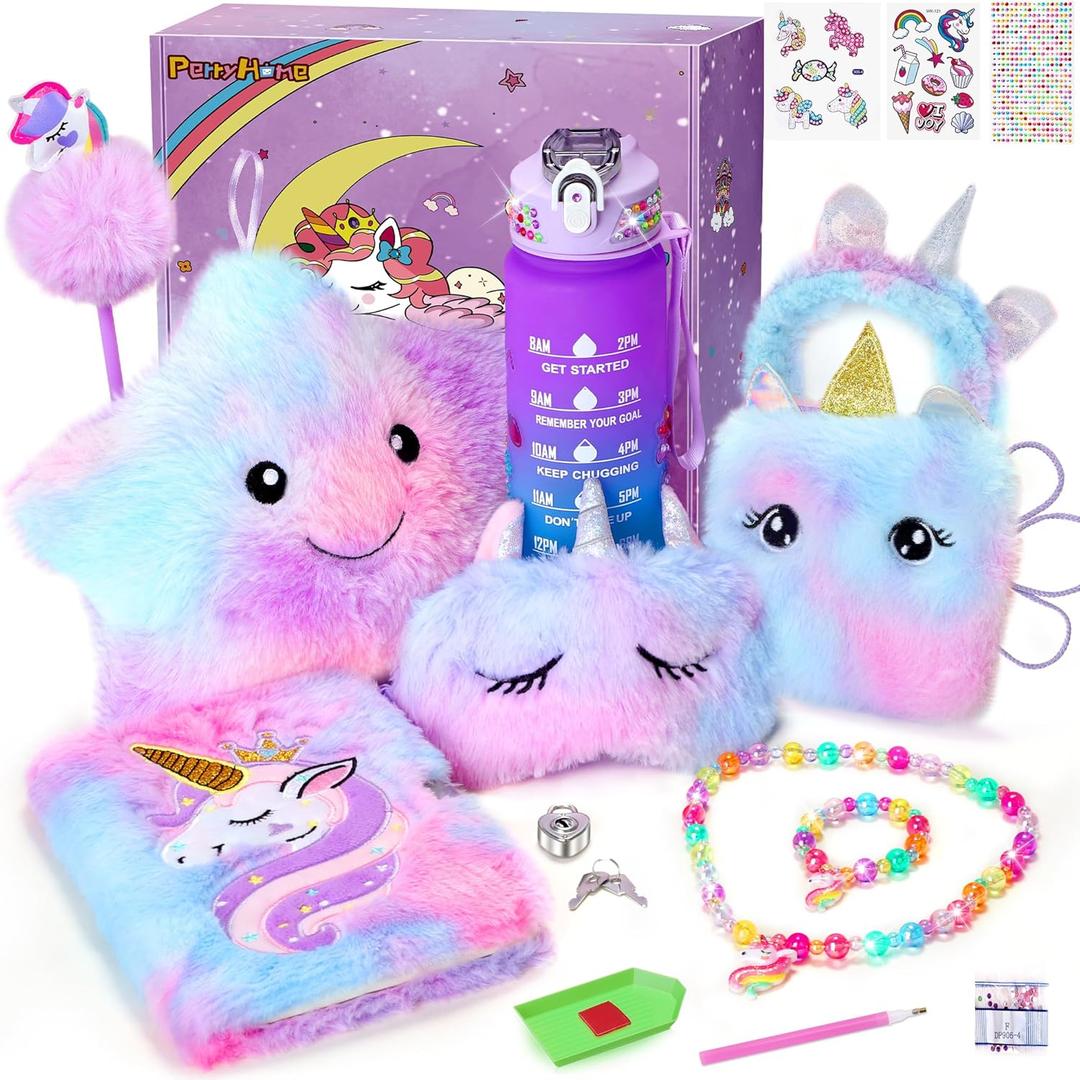 PERRYHOME Unicorns Gifts for Girls Age 4 5 6 7 8 9 10+ Birthday Back to School Day Gifts, Soft Plush Toys Set with Light-up Star Pillow, DIY 900ML Bottle, Diary, Coin Purse, Unicorn Plush Accessory (Purple)