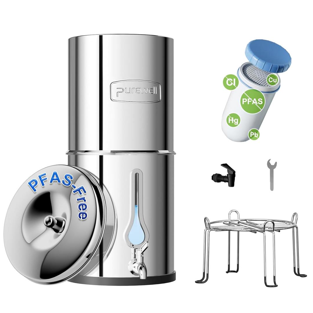 Purewell PFAS-Free 6-Stage Gravity Water Filter System with PC Water Level Window, Certified to Reduce Lead, Total PFAS (Forever Chemicals), Mercury, and Chlorine, SF-2.25G