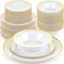 Havawish 150 Pcs Gold Disposable Plastic Plates and Bowls Sets for 50 Guests, Dinnerware Set with Gold Rim 50 Plates 50 Dessert Plate 50 Bowls for Wedding Anniversary Birthday Party