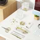 DRQ Gold Desk Accessories, Office Supplies Acrylic Stapler Set, 10Pcs Set for Office with Stapler, Tape Dispenser, Pens, Pen Holder, Phone Holder, Tape, Ruler, 1 Box Staple, Scissors and 1 Box of Clip