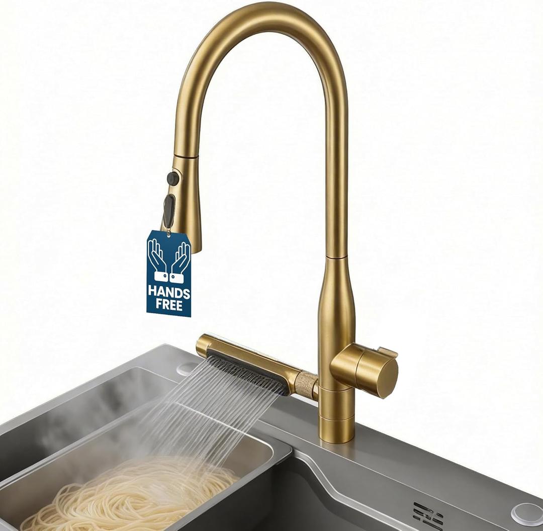 STiLWERK Waterfall Kitchen Faucet with Pull-Down Sprayer, 3 Flow Modes (Sweep/Stream/Waterfall), 360 Swivel, Stainless Steel Sink Faucet for Farmhouse, Camper, Bar, Laundry, Rv, Brushed Gold