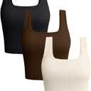 OQQ Women's 3 Piece Tank Tops Ribbed Seamless Workout Exercise Shirts 2025 Summer Basic Camis (Medium, Black Coffee Beige)