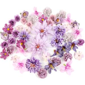 LACGO 48 PCS Artificial Flowers Heads, Fake Daisy Heads Bulk Silk Faux Rose DIY Cake Decor Blossom Garland Wreath Bouquets Crafts for Halloween Wedding Bridal Baby Shower Home Party Decoration (Purple)