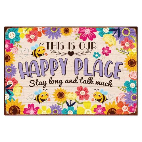 WADORN This is Our Happy Place Vintage Metal Tin Sign, 7.9x11.8 Inch Cute Bee Flowers Retro Wall Art Sign Funny Rustic Home Metal Decor Gifts Plaque for Home Garden Bedroom Cafe Bar Pub Club Garage