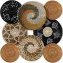 Xuhal Set of 8 Hanging Woven Wall Basket Handmade Decorative Rustic Boho Basket Decor Handcrafted Wicker Round Seagrass Wall Art for Home Kitchen Farmhouse Table Living Room(Vintage)
