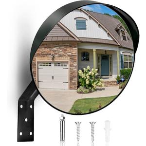 CHIUHEI 12Inch Convex Security Corner Mirror (Clear View)  Adjustable Fixing Bracket, Wide Angle, Indoor and Outdoor Use  Ideal for Warehouse, Office, Parking Garage, and Traffic Safety (Black)