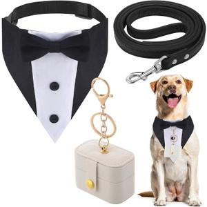 3 Pcs Dog Wedding Collar Outfit Include Dog Tuxedo Attire Wedding Ring Bearer Ring Holder Pouch Box Adjustable Pet Neck Bow Tie with Leash(Suit)
