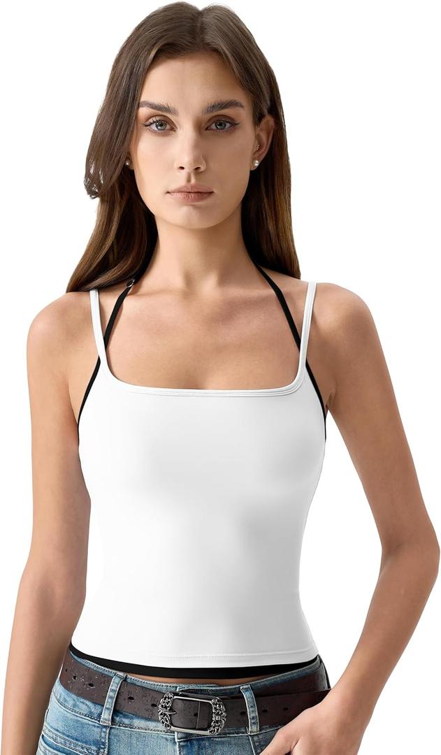 QINSEN Color Block Camisole for Women Sleeveless Halter Neck Adjustable Straps Double Lined Tank Top (White, M)