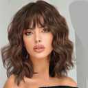 Lativ Brown Highlight Wigs for Women Short Wavy Curly Bob Wig with Bangs Shoulder Length 14 Inches Synthetic Hair for Daily Party Use