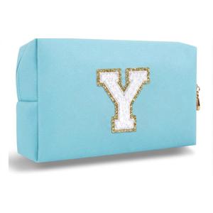 Small Personalized Letter Makeup Bag, Cute PU Leather Chenille Letters Cosmetic Bag Travel Makeup Pouch, Preppy Travel Organizer Zipper Pouch for Women&GirlsBlue-Y