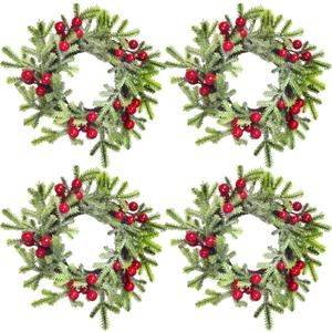 4 Pcs Christmas Wreath, Candle Rings with Pine boughs and Berries, Artificial Table Greenery Wreath, Candle Wreath Suitable for Thanksgiving, Easter, Christmas Decorations