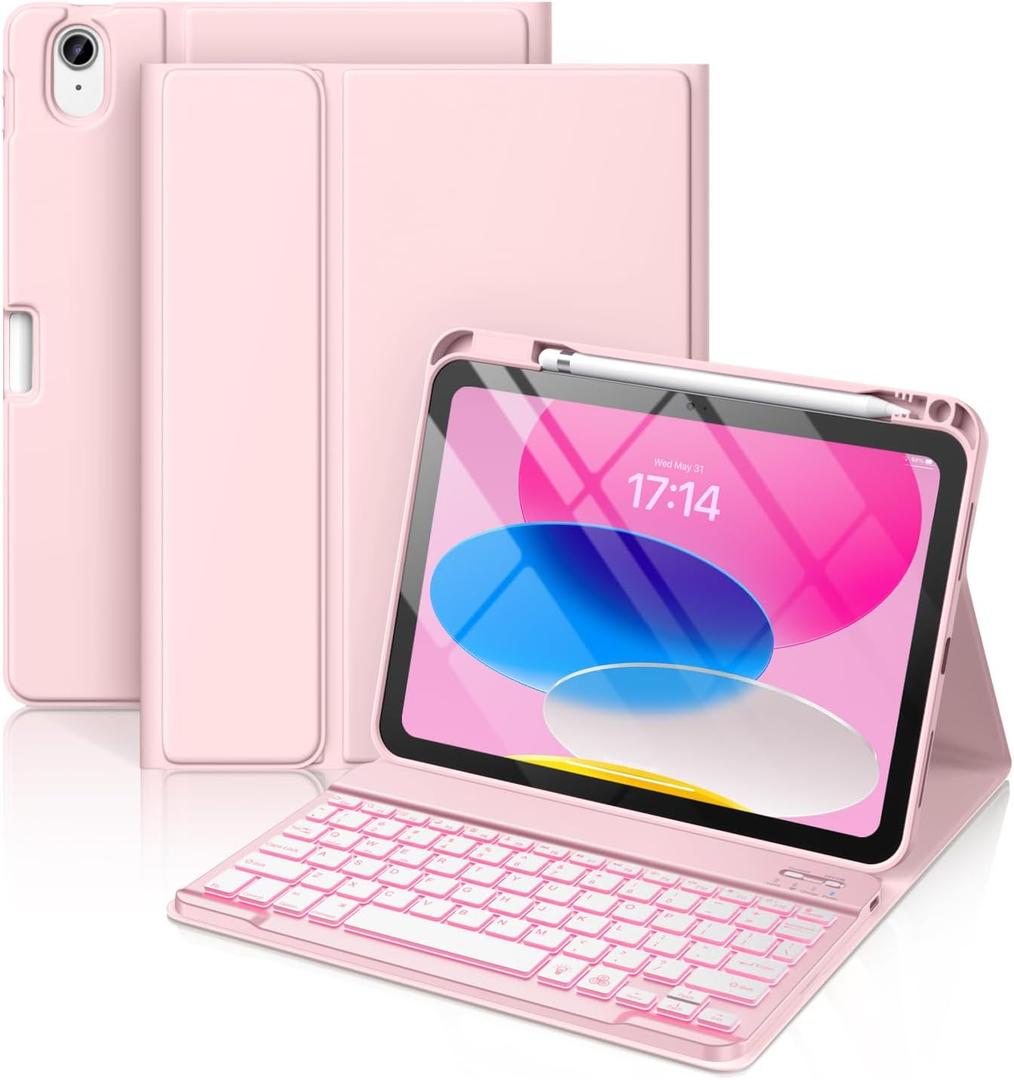 Hamile for iPad 11th 10th Generation Case with Keyboard - 7 Colors Backlit Wireless Detachable Folio Keyboard Cover with Pencil Holder for iPad 11-inch A16 2025 10th Gen 10.9 Inch 2022 (Light Pink)