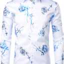 ZEROYAA Mens Hipster 3D Golden Rose Floral Printed Slim Fit Long Sleeve Button Down Dress Shirts (Small, Zzcl22-white Royal Blue)