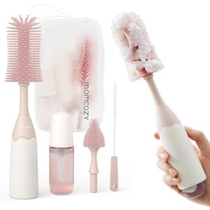 Momcozy Bottle Brush Kit with Push-Press Foam Design - Newborn Essentials Gift, Portable Cleaning Tool for Home & Travel, Baby Bottle Cleaner Brush for Breast Pumps & Nipples, Pink (Press Bubble Style)