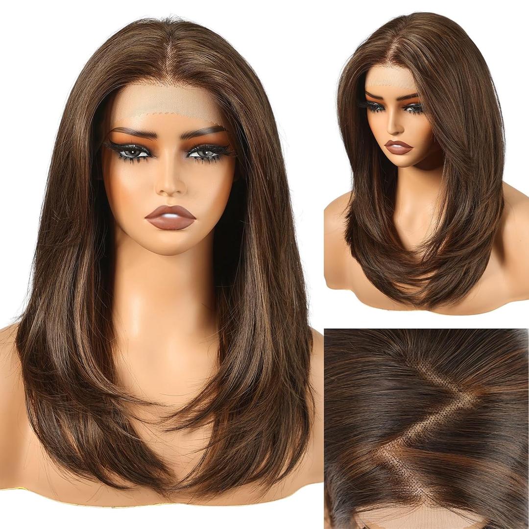 HAIRCUBE 13X4 HD Synthetic Lace Front Glueless Wig, 20 Inch Brown Layered Wig with Bangs, Natural Density Hairline Human-Like Wigs for Women
