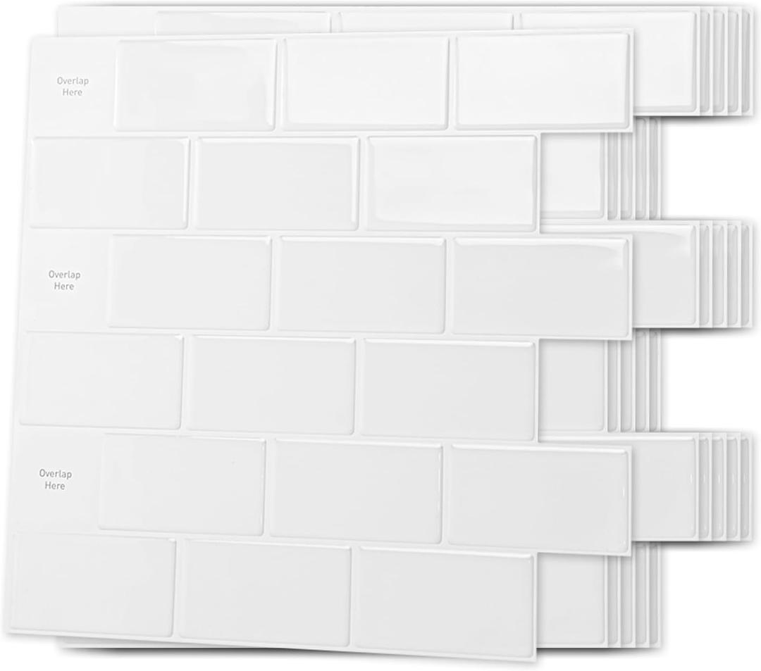 Art3d 10-Sheet Peel and Stick Backsplash Tile for Kitchen, Textured Self-Adhesive Subway Wall Tile for Kitchen Bathroom Laundry Room, Enhanced Backing Adhesion & Thicker Design - 12"x12" White (12x12 Inch)