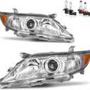 Headlights Assembly for 2010 2011 Toyota Camry[4-Door Sedan] Headlamp Replacement Pair (Only fits US Version, does NOT fit hybrid models) (Chrome | With High & Low Beam Bulbs)