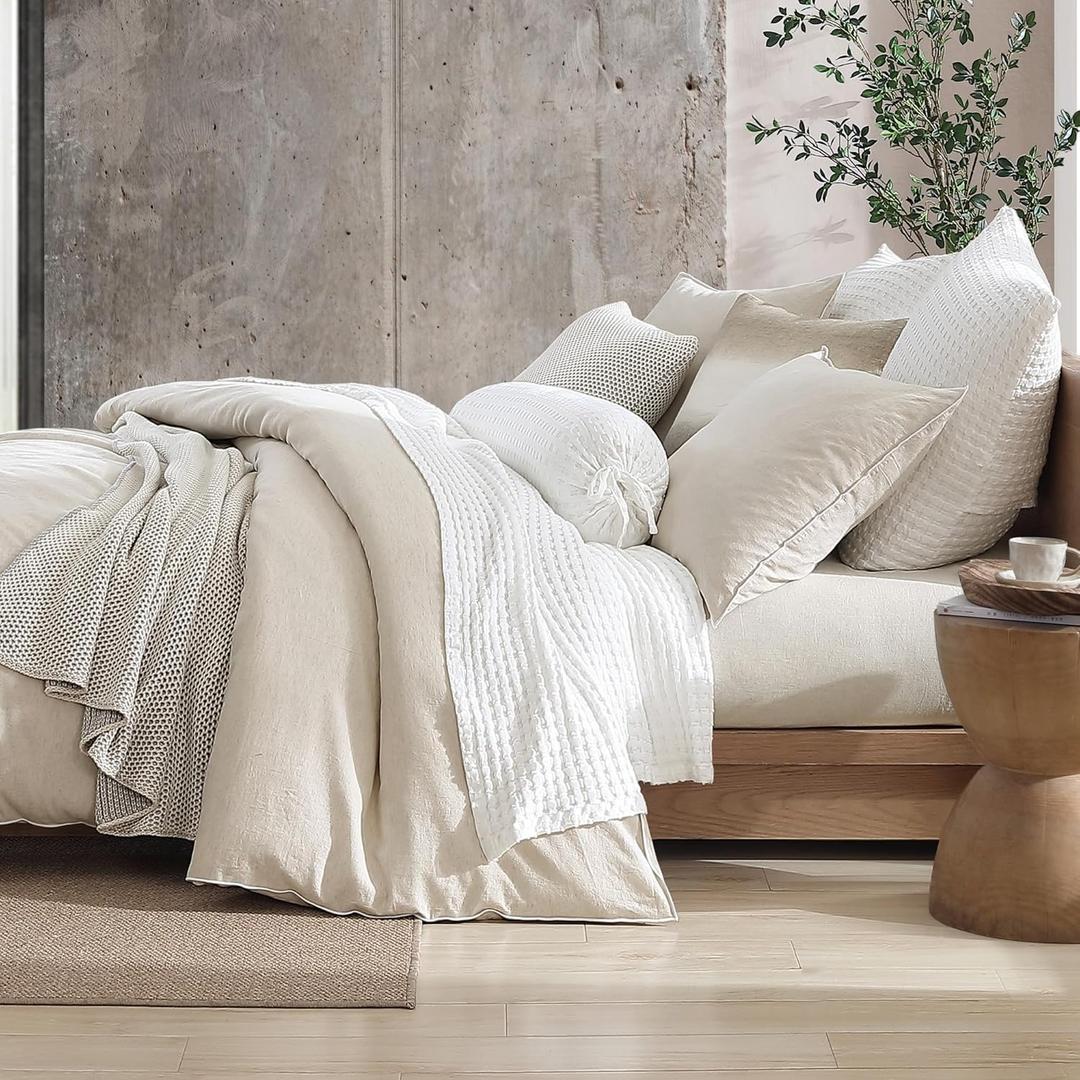 DKNY Pure Duvet Cover Set - Full/Queen, Washed Soft Bedding, Linen Cotton Blend - 3 Piece - Linen Beige