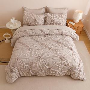 Nttopship Khaki King Comforter Set - 7 Pieces Bed in a Bag, Premium Comforters King Size Bed Set Pintuck Pinch Pleat Complete Comforter Set with Flat Sheet, Fitted Sheet and Pillowcases,Khaki