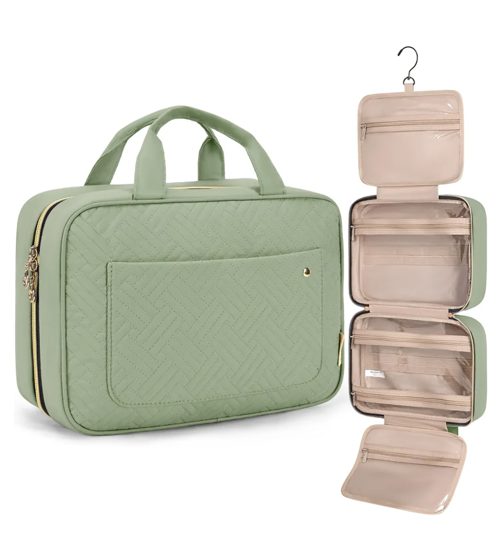 BAGSMART Toiletry Bag Travel Bag with Hanging Hook, Water-resistant Makeup Cosmetic Bag Travel Organizer for Accessories, Shampoo, Full-size Container, Toiletries (Green, Medium)